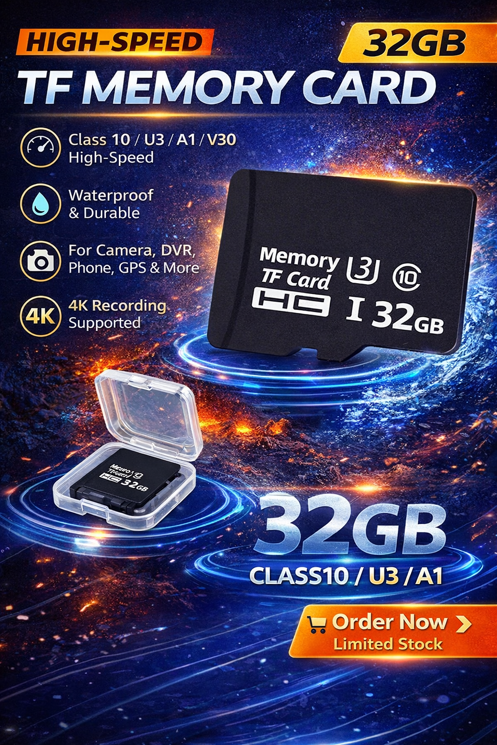 32GB High-Speed Micro SD Card Class 10 U3 A1 V30 β TF Memory Card with Adapter