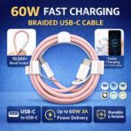 PD 60W USB-C to USB-C Braided Fast Charging Data Cable (Type-C)