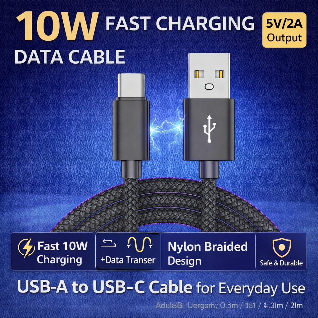 10W USB-A to USB-C Fast Charging Data Cable 5V/2A Nylon Braided