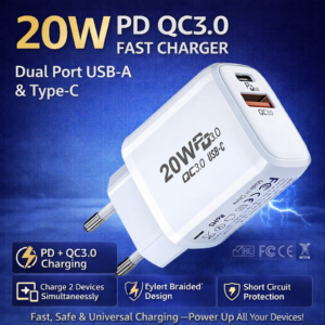 20W PD + QC3.0 Fast Charger USB-A & Type-C Dual Port Wall Adapter
