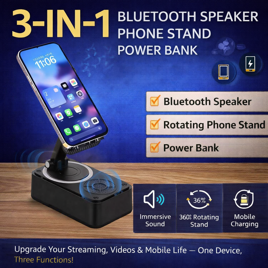 3-in-1 Bluetooth Speaker Phone Stand with Power Bank & 360° Rotation