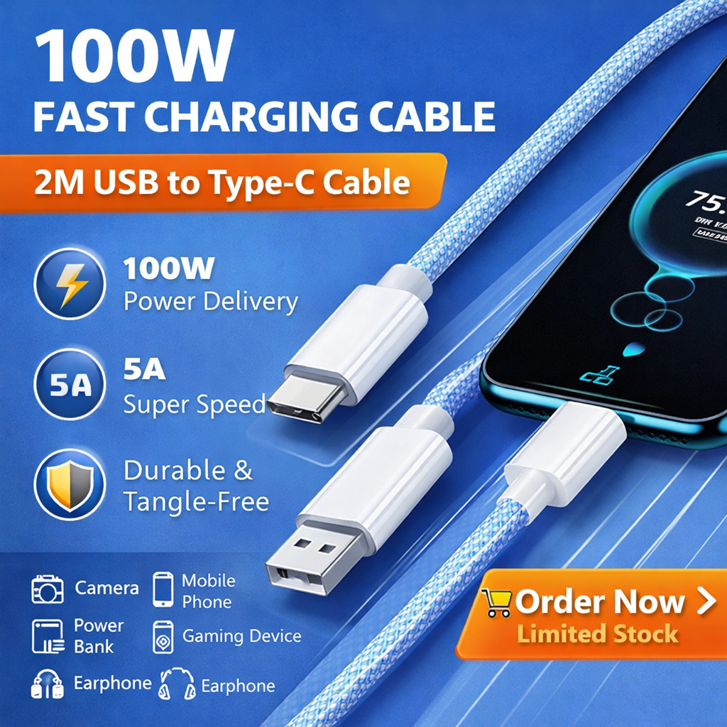 2M 100W High Speed Braided USB to Type-C Fast Charging Cable (5A)