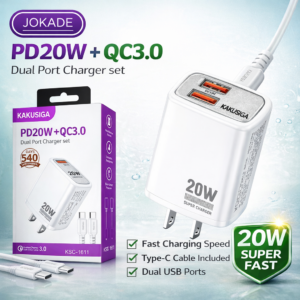 KAKUSIGA PD20W + QC3.0 Dual Port Fast Charger with Type-C to Type-C Cable