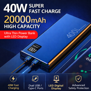 Ultra Thin 20000mAh Power Bank 40W Fast Charging with LED Display