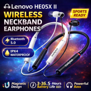 Lenovo HE05X II Wireless Neckband Earbuds Bluetooth 5.0 Magnetic Bass Sports Earphones