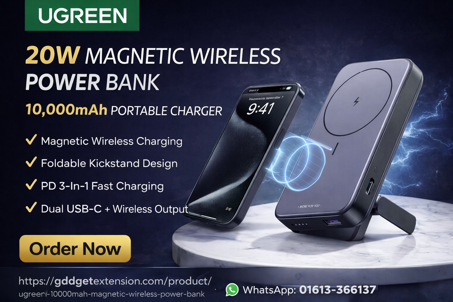 UGREEN 10000mAh 20W Fast Charging Power Bank – Magnetic Wireless Portable Charger with Foldable Stand