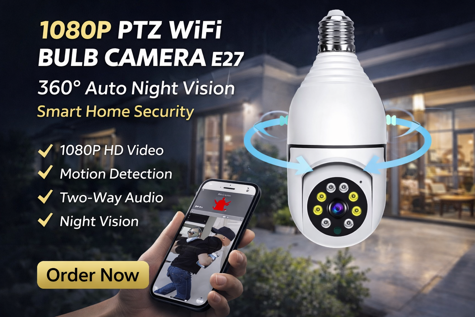 1080P PTZ WiFi Bulb Camera E27 – 360° Auto Night Vision Home Security CCTV