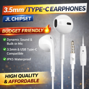 Type-C & 3.5mm Wired Earbuds with Microphone – JL Chipset Dynamic Sound Semi In-Ear Headphones
