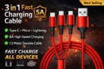 3 in 1 Nylon Braided Fast Charging USB Cable (6A) – Type-C, Micro USB Universal Cable