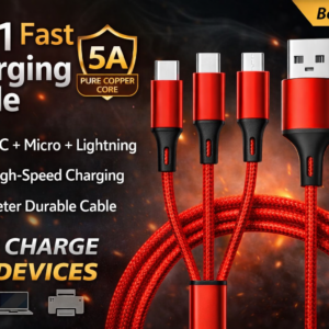 3 in 1 Nylon Braided Fast Charging USB Cable (6A) – Type-C, Micro USB Universal Cable