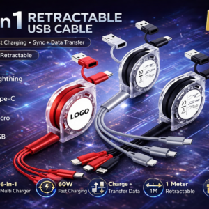 6 in 1 Retractable USB Cable 60W Fast Charging | Type-C, Lightning & Micro Multi Charging Cable (1M)