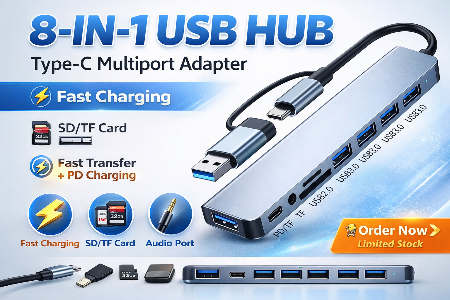 8-in-1 USB Type-C Hub Multiport Adapter | PD Charging, USB 3.0, SD/TF Card & 3.5mm Audio Dock