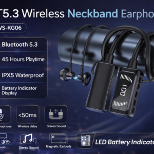 BT5.3 Wireless Neckband Earphones with Mic – 45H Battery, IPX5 Waterproof, LED Indicator (TWS-KG06)