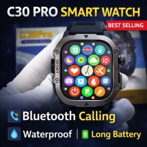 C30 PRO Smart Watch – Bluetooth Calling, Fitness Tracker, IP67 Waterproof Square Smartwatch