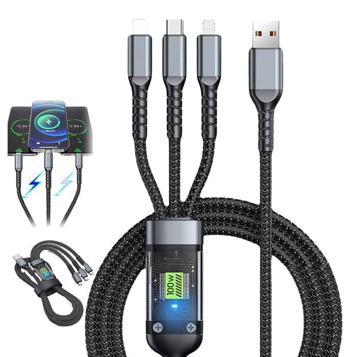 100W Fast Charging Cable 1.2M 3-in-1 – Type-C, iOS & Micro USB Nylon Braided Charger Cable - Image 3