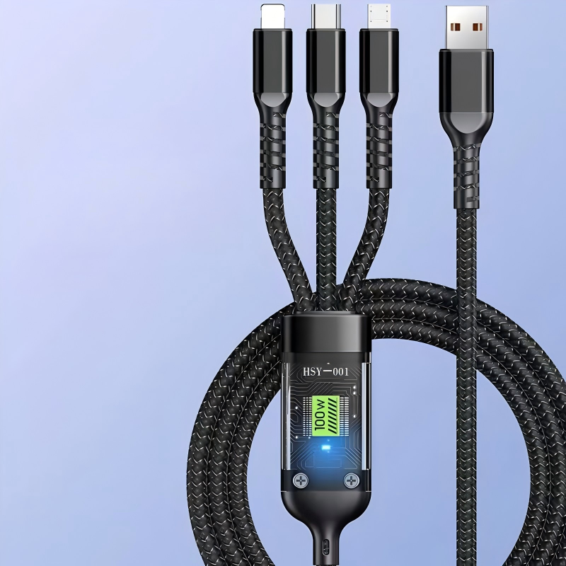100W Fast Charging Cable 1.2M 3-in-1 – Type-C, iOS & Micro USB Nylon Braided Charger Cable - Image 4