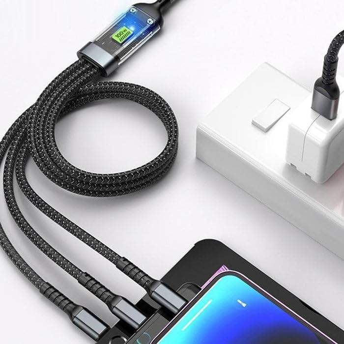 100W Fast Charging Cable 1.2M 3-in-1 – Type-C, iOS & Micro USB Nylon Braided Charger Cable - Image 6