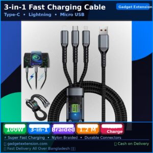 100W Fast Charging Cable 1.2M 3-in-1 – Type-C, iOS & Micro USB Nylon Braided Charger Cable