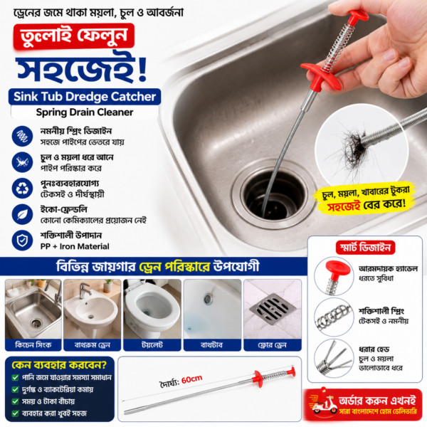 Sink Tub Dredge Catcher Sewer Tool | Flexible Spring Drain Cleaner 60cm
